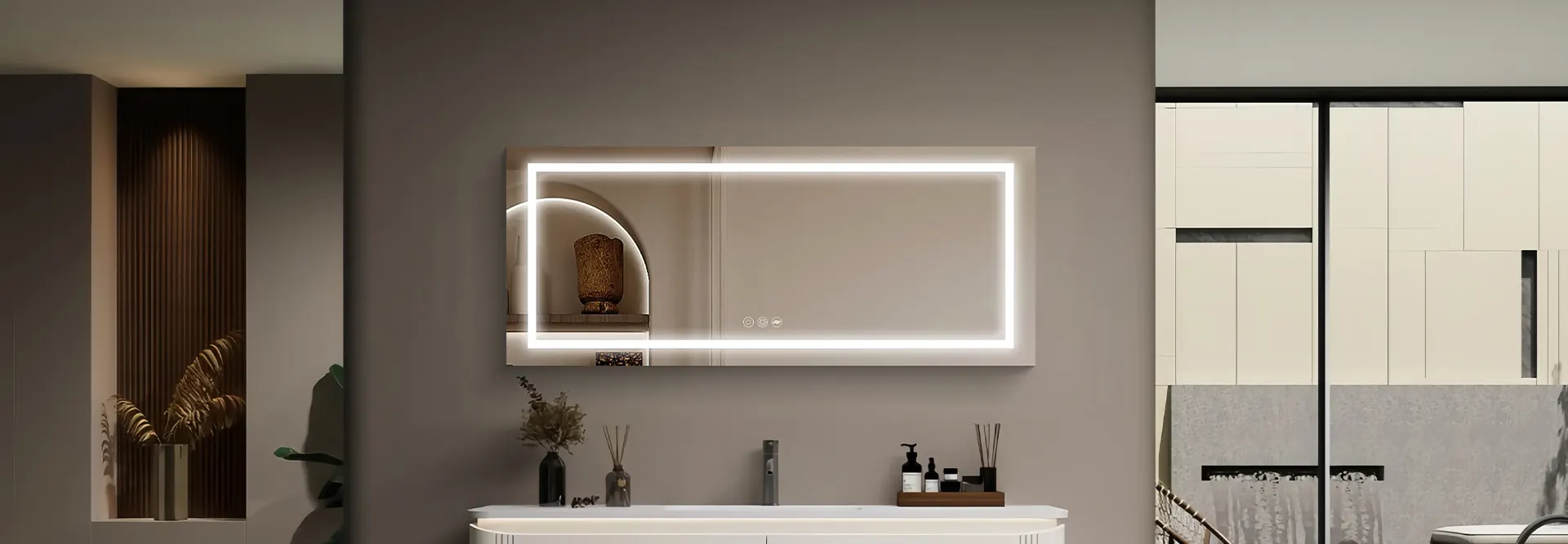 Aosmay LED bathroom mirror with anti-fog feature, adjustable brightness, and sleek modern design, ideal for clear reflection and enhanced bathroom ambiance.