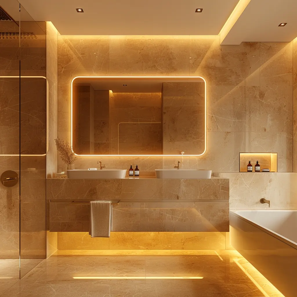 Modern bathroom with a LED light mirror showcasing energy-efficient lighting and sleek design.