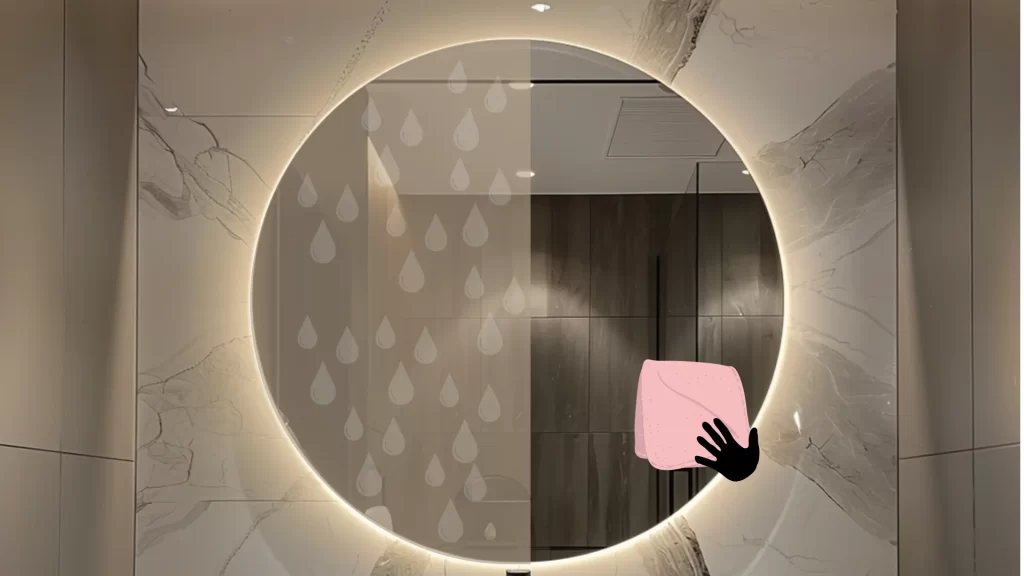 User cleaning an LED bathroom mirror with a soft cloth to extend its lifespan.