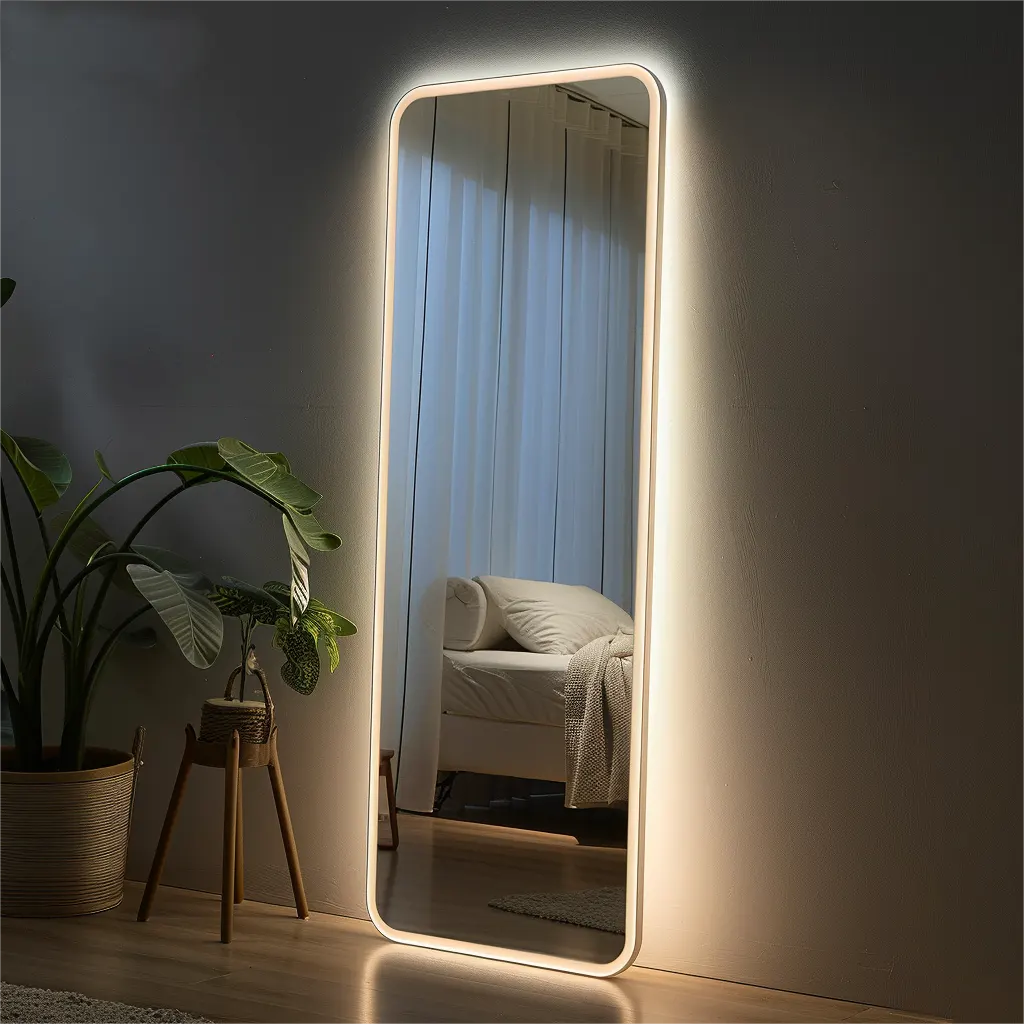 LED-lit mirror with edge lighting for bright and focused illumination.