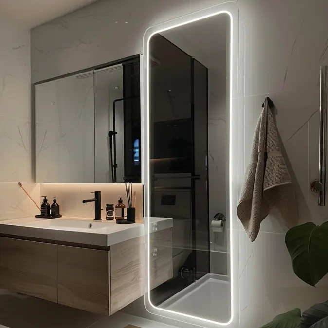 Bathroom mirrors with LED lights enhance the modernity and functionality of the space.